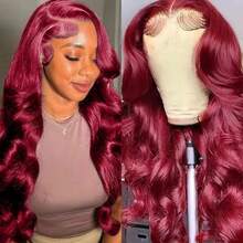 30 Inch 99J Burgundy Lace Frontal Wig 13x4 Body Wave Lace Front Wig HD Transparent Lace Frontal Wig Human Hair Pre Plucked 99j Red Color 200% Density - S99J - 查看 2