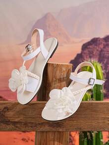 1 Par de Sandálias Planas Fashion Femininas para Verão, Sandálias Elegantes para Senhoras com Tiras Trançadas e Laço, Cor Sólida Slip-On com Decoração Floral 3D, Estilo Pastoril Chique para Conforto ao Ar Livre, Praia, Férias - Branco - Visão 4