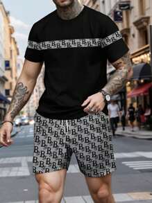 Men's Print Short Sleeve T-Shirt And Shorts Set, Casual And Fashionable Outfit For Summer