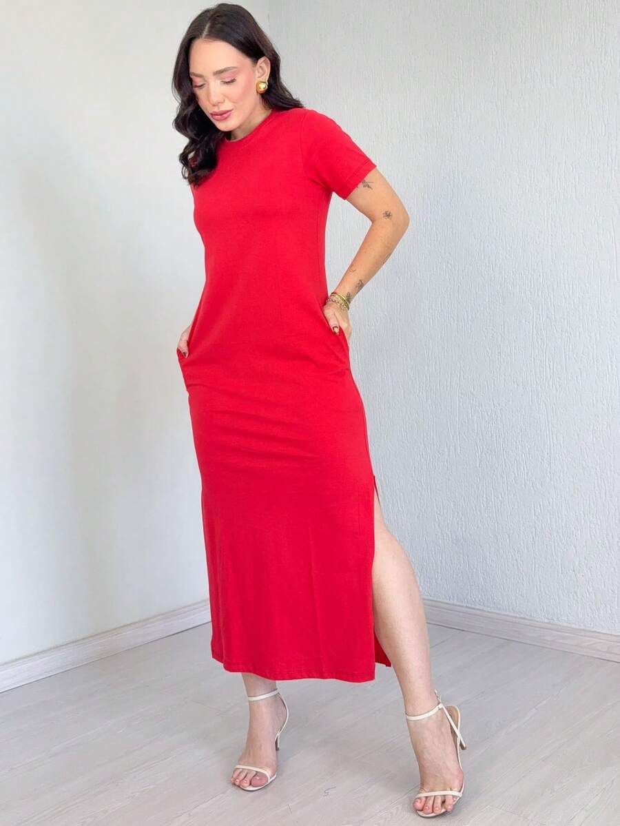 Women's Long Dress 100% Cotton - 紅色 - 查看 1