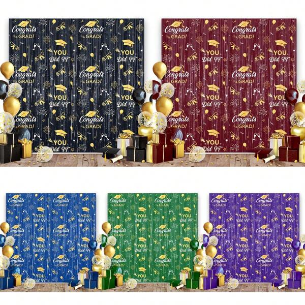 2pcs 2025 Class Graduation Photography Backdrop Black Gold Glitter Bokeh Graduation Party Background 2025 Congrats Grad Prom Party Decoration Banner (Five Colors Available