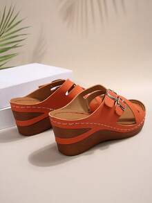 Plus Size Elegant Wedge Sandals Women, Criss-Cross Strap Buckle Casual Holiday Outdoor Roman Sandals, Fashionable, Comfortable, Graceful, Casual, Beach, Wedge, Platform Sandals - 橘色 - 查看 5