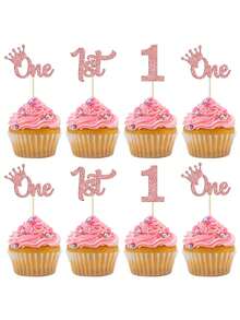 12 piezas Decoraciones para cupcakes de 1er cumpleaños Brillo Primer cumpleaños Uno Cupcake Toggle Para baby shower Fiesta de 1er cumpleaños Suministros para decorar pasteles Niños y niñas de 1 año Letras de inserción UNO Tarjetas de inserción Placas de inserción para decorar pasteles de fiesta de cumpleaños - Oro rosa - Ver 2