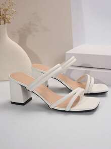 女士 PU 皮革系带凉鞋，新款夏季粗跟韩版时尚户外拖鞋，黑色 - 白色 - 查看 7