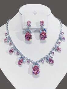 1 套粉色和白色锆石嵌入式项链和耳环首饰套装，采用泪珠宝石的迷人设计，适合晚会和婚礼等正式场合 - 項鍊耳環套裝 - 查看 8
