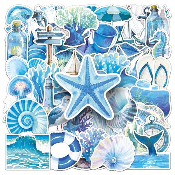 50pcs Cute Cartoon Watercolor Blue Ocean Theme Decorative Water-Proof Stickers For Cups, Refrigerators, Phone Cases Room Decor Home Decor Wall Stickers Wall Decor