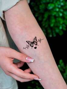 1 件 3-7 天防水蒸腾蝴蝶、心脏和心电图临时纹身 - 黑色 - 查看 4