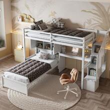 MERAX Twin Over Twin Loft Bed With Built-In Desk And Staircase, With Storage Compartments And Shelves, White/Natural - 白色 - 查看 1