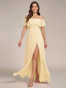 Off-Shoulder Ruffle Sleeve Side Slit A-Line Chiffon Cream Yellow Bridesmaid Dress, Wedding Guest Dress, Wedding/Graduation Ceremony - Yellow - View 5