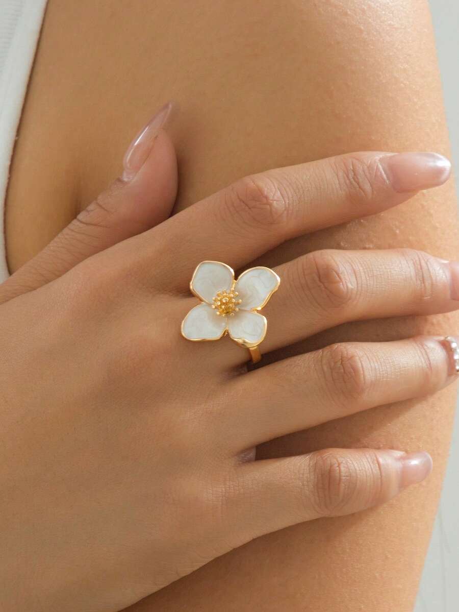 1 件夏季度假风格白色珐琅彩色花卉四叶花戒指女士 - 白色 - 查看 1