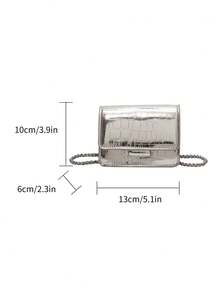 Gold Fashionable Solid Color Mini Square Bag, Stone Grain & Crocodile Texture Shoulder Bag - Silver - View 2