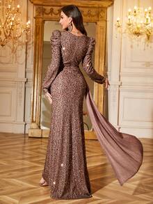 Women Elegant Sequin Decorated Round Neck Princess Sleeve Split Hem Formal Evening Dress,Party Dress,Gown,Wedding Guest Spring - Coffee Brown - View 2