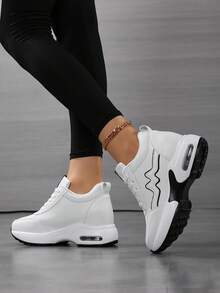 New Spring/Autumn All-Match Plus Size Air Cushion Lightweight Leather Platform Elevator Sneakers, Women's White Wedge Thick Bottom Casual Shoes, Chunky Sneakers, Women/Men Height Increasing Athletic Shoes, Lace-Up Simple Couple Travel Shoes, White Elevated Sneakers - White - View 4