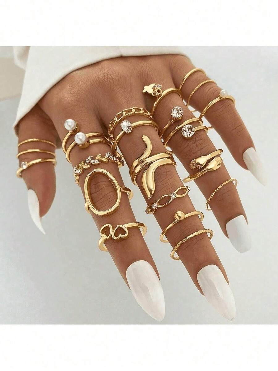 Wheat Ear Pendant Ring Twisted Pearl Ring Multi-Piece Set Ring Women's Jewelry Gift - A - Xem 1