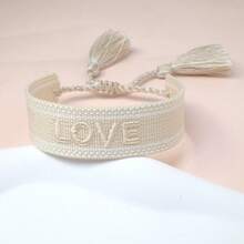 1 pieza Pulsera de cuerda tejida a mano con letra LOVE, estilo bohemio de vacaciones, para fiesta, viaje, uso diario y regalo - Beis - Ver 4