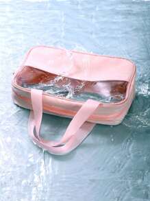 1 pièce Sac de maquillage organisateur en PVC transparent, design de lettre, sac de maquillage portable et imperméable, sac de toilette minimaliste avec patch initial, cadeau pour maman, sac de plage, accessoires de plage, serviette de plage, fournitures de plage, sac de vacances, indispensable pour les vacances d'hiver et d'automne, cadeau de la Saint-Valentin