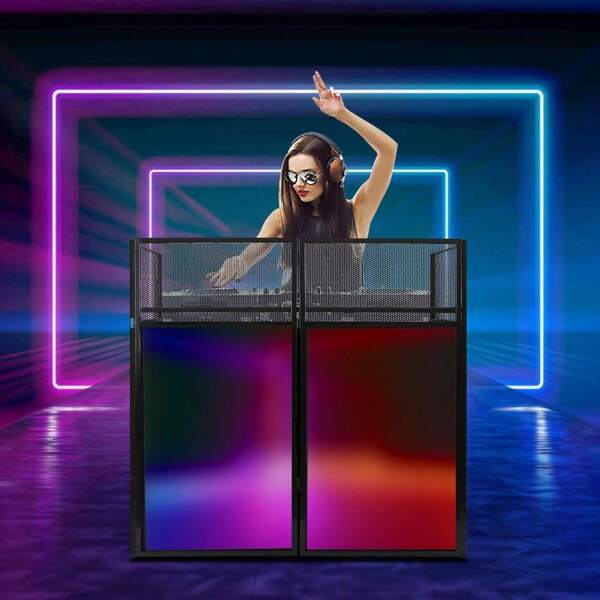 DJ Display Stand, Standing Event Booth Facade With Oxford Cloth, Portable Aluminum DJ Facade Booth Table, DJ Controller Stand & Recording Mixer Stand 48*48*24" (Black)