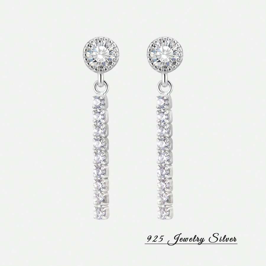 925 纯银优雅长款全密镶水晶流苏耳环，奢华锆石耳钉，适合女士 - 幾何 - 查看 1