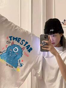 夏季新品女士独特设计字母与卡通动物印花休闲圆领短袖 T 恤 - 白色 - 查看 11