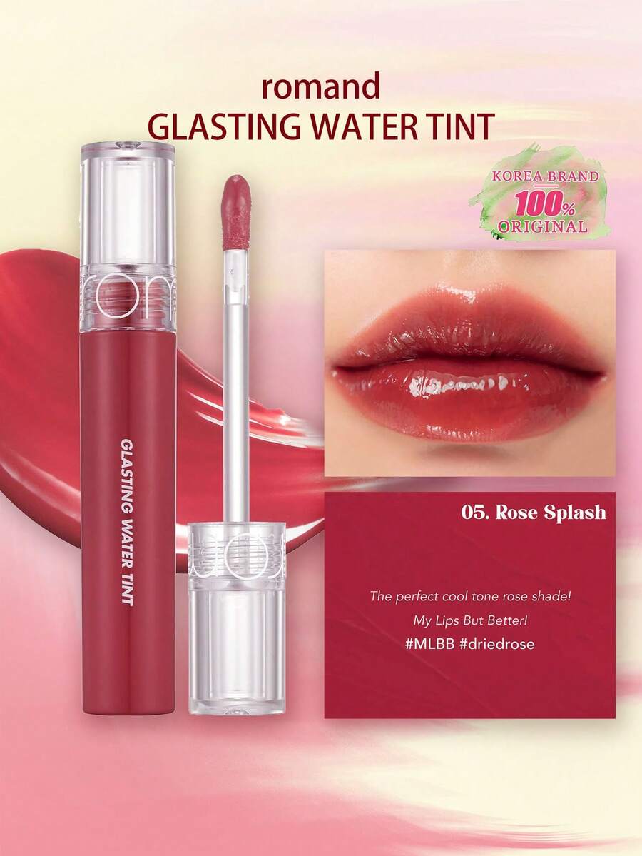 Rom&nd Romand GLASTING WATER TINT 05 玫瑰飞溅，透气水润膜融合，轻盈玻璃光泽，彩虹渐变技术，蜜桃茶啫喱透明，玫瑰金星尘薄纱，冰霜薄荷氧气光泽，迷你SOS补妆棒，纯素假日限量版，裸妆轻盈秘诀，韩妆，4克/0.14盎司