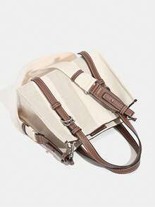 Bolsa feminina de lona mini bolsa tote, nova chegada, bolsa de ombro transversal casual versátil com alça superior, para escritório/viagem, verão - Bege - Ver 6