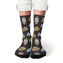 1 Pair Of Custom Birthday Socks: Printed With A Man's Face And The Words "Happy Birthday", Is A Unique Gift For Men - Men's Novelty Socks, Family Custom Socks, Individual Custom Socks, First Year Gift, First Year Custom Socks