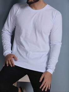 Women's Men's Blouse Plain T-Shirt Unisex Long Sleeve Round Neck 100% Cotton - 白色 - 查看 6