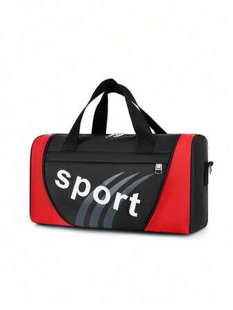 Casual Colorblock Cylinder Sportswear Shoulder Bag, Red Casual Letter Graphic Cylinder Sportswear Gym Bag, Portable Zipper Lightweight Handheld Travel Bag Unisex Daily Use, Large Capacity Luggage Bag, Training Pack