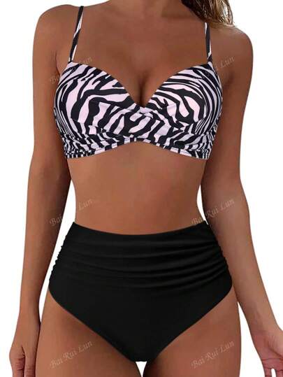 2pcs/Set Women's Sexy Bikini Swimwear, Push-Up Padded Triangle Beachwear, Random Floral Prints, Summer