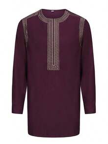 Classic Red 2 PCs/Set Dashiki Outfits For Men, Unique Embroidery Zipper Split Hem Design, Long Sleeve Casual Long Shirt And Drawstring Trousers For Event, Dates, Street, Party, Weddings, Cultural Occasions, Traditional Ceremonies, Durable And Easy Care - 紅色 - 查看 3