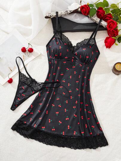 2pcs Women Sexy Nightgown And G-String Lingerie Set, Rave