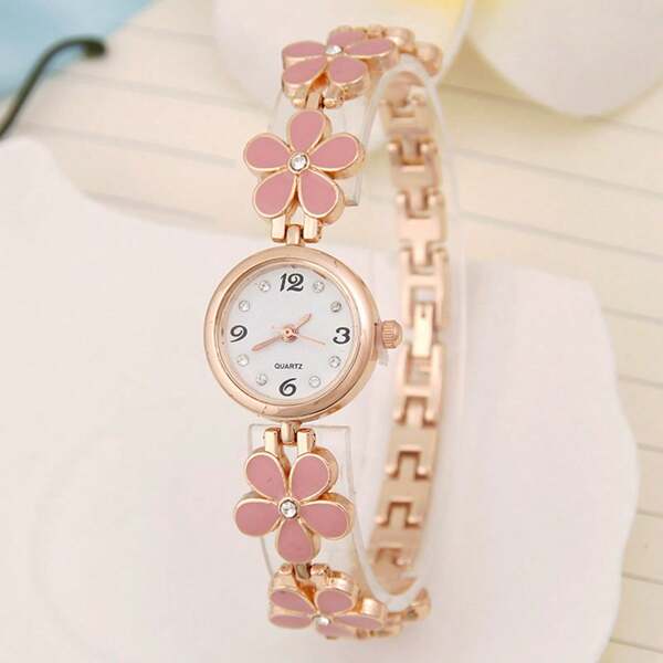 1 pieza Reloj de cuarzo elegante y minimalista con esfera de puntos de diamante y correa de acero con diseño floral, adecuado para adolescentes, promoción de fin de año, exclusivo en línea, regalo de Halloween, regalo de cumpleaños