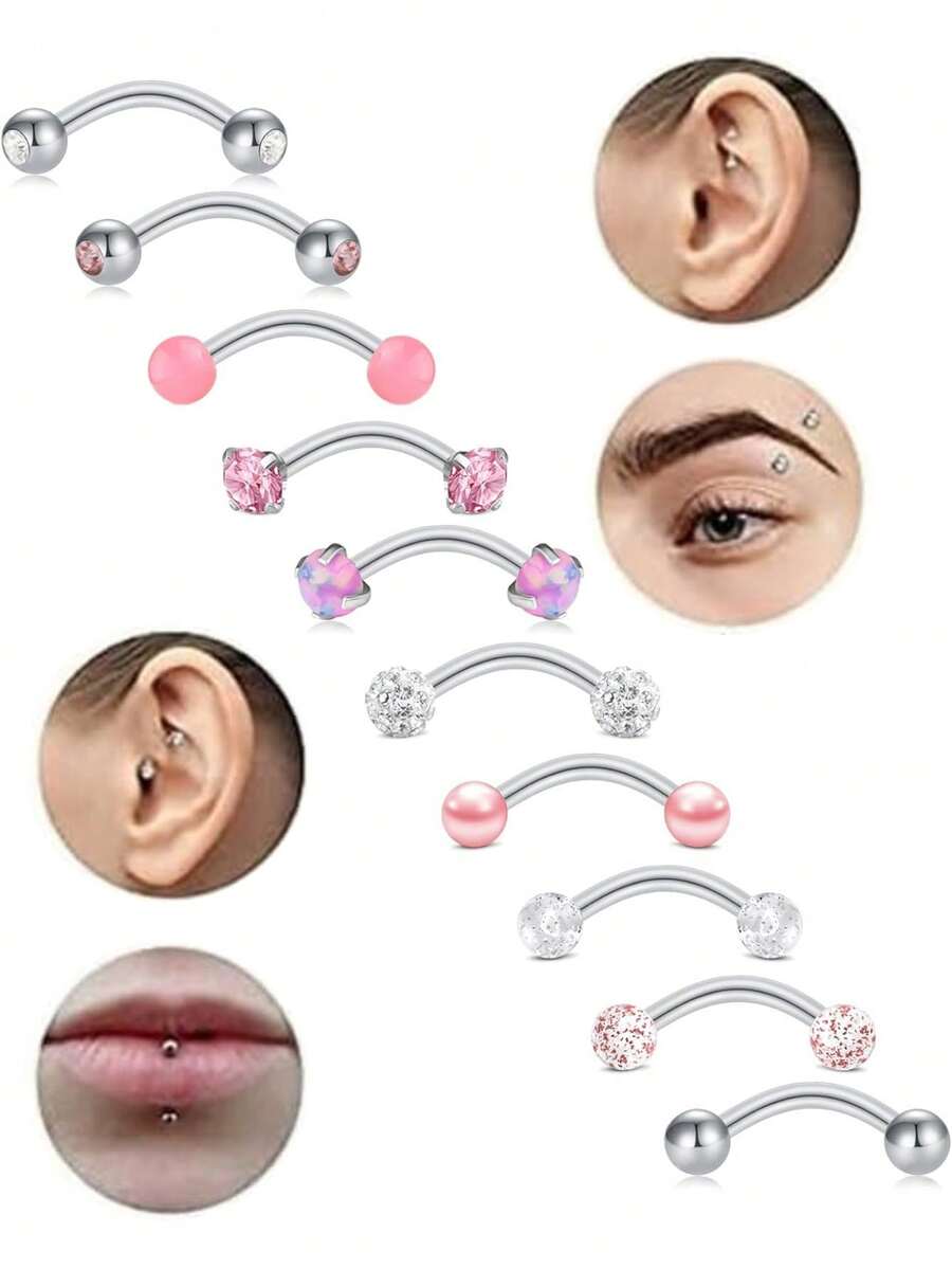 AVYRING 5 件眉毛耳钉珠宝 16G 耳环垂直唇钉唇饰弯曲杠铃眉环小肚环耳轮耳蜗海螺耳钉珠宝 - 彩色 - 查看 1