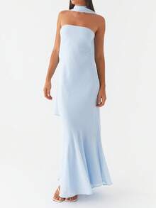 Women Y2k Floral Tube Maxi Dress With Scarf Sleeveless Strapless Backless Mesh Long Bodycon Dresses Formal Cocktail Sundress - 藍色 - 查看 1