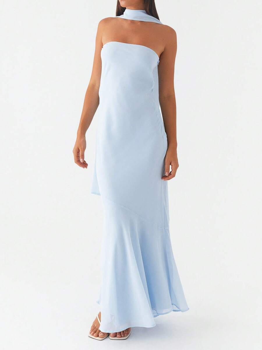 Women Y2k Floral Tube Maxi Dress With Scarf Sleeveless Strapless Backless Mesh Long Bodycon Dresses Formal Cocktail Sundress - 藍色 - 查看 1