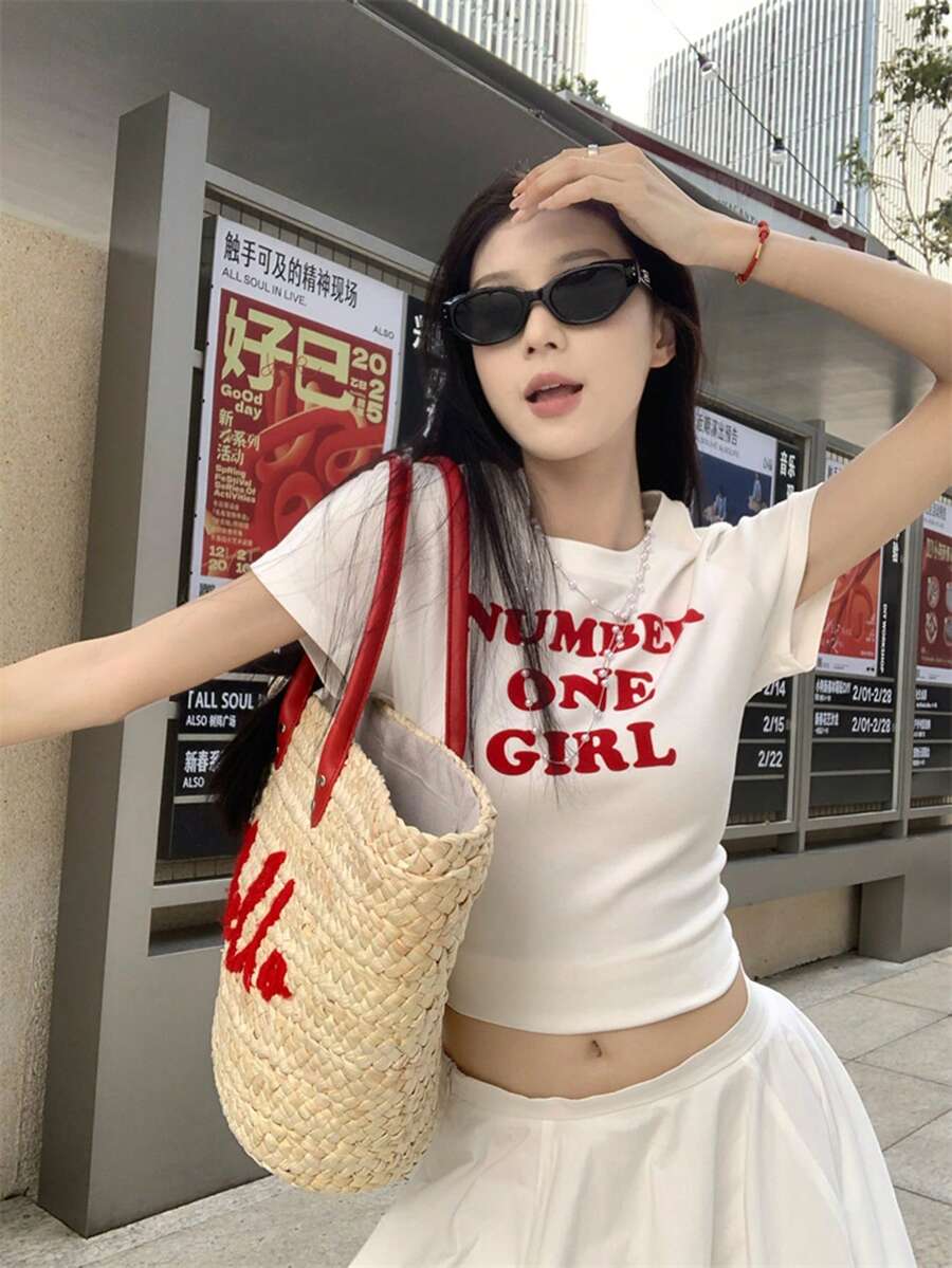 女式修身字母印花休闲短袖T恤 - 白色 - 查看 1