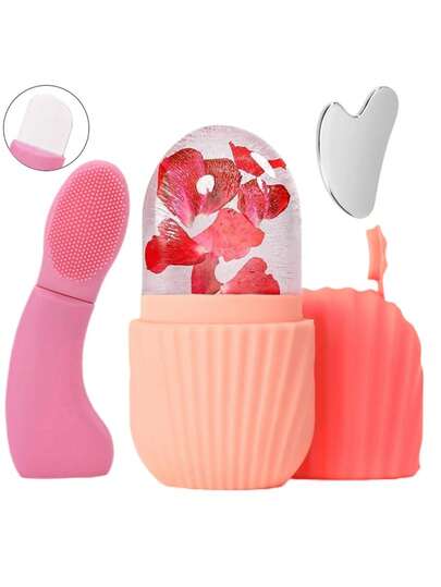 面部护理套装，去黑头一体式护肤套装适用于热敷、面部刮痧后清洁毛孔，然后冰滚轮冷敷，包括带硅胶刷头的黑头铲、面部刮痧板、面部冰块模具