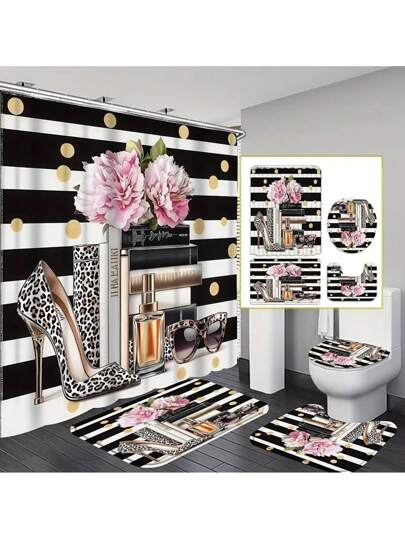 1/4 Pcs Book High Heel Floral Shower Curtain Set, Fashionable Pattern Decorative Shower Curtain, Washable Polyester Shower Curtain Set With 12 Hooks, Non-Slip Bathroom Rug, U-Shaped Toilet Lid, Polyester Shower Curtain Bathroom Decor