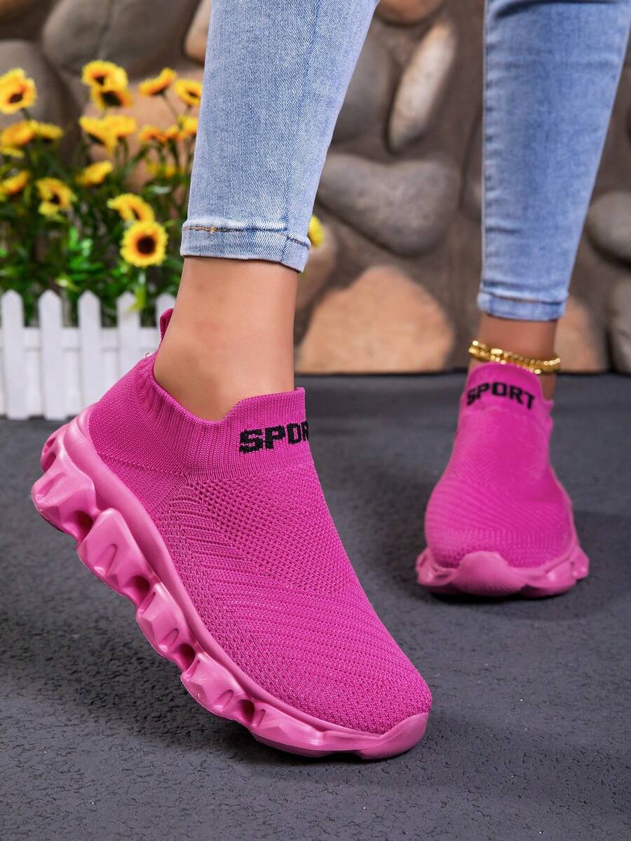 Women's Breathable Knitted Fabric Fashion Sneakers - Slip-On Low-Top Sneakers - Solid Color EVA Sole Casual Sports Shoes All Season - Hot Pink - View 1