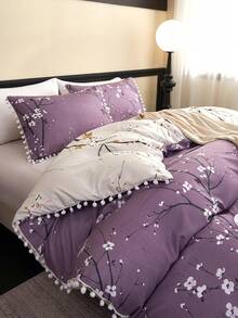 2/3件套紫色绒球流苏印花被套套装（不含被芯），透气超柔软，四季皆宜，双面可用，适用于卧室、客房、宿舍。套装包含1件被套和1/2个枕套（不含被芯），可机洗，尺寸可选：特大号、大号、标准双人床、单人床