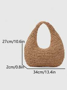 Khaki Color Handmade Shoulder Bag For Women, Summer Beach Hobo Raffia Woven Underarm Crescent Handbag With Scarf - Khaki - View 2