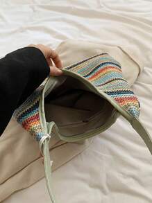 1pc Letter Print Colorful Striped Crescent-Shaped Tote Bag, Versatile Casual Beach Shoulder Bag Suitable For Women, Holiday & Beach Use
