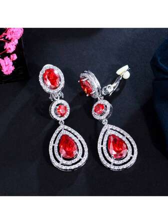 SEQUITO 2件套优雅时尚红色水晶水滴长夹式耳环，女士无耳洞饰品配饰