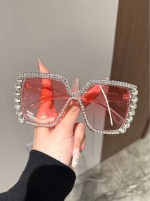 1pc Vintage Square Large Frame Rhinestone Decorated Women Fashion Fashion Glasses, Suitable For Traveling, Cycling And Daily Outfit - Multicolor - View 5