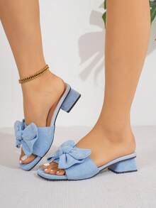 Spring/Summer 2025 Women's French Chunky Heel Bowknot Decor Sandals, Boho Style - Blue - View 4