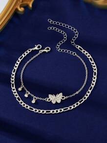 2 pièces Bijoux de plage Chaîne multicouche argentée avec décoration de strass papillon. Bracelet de cheville réglable, accessoire d'été pour la fête