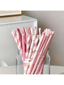 100 piezas de pajitas de papel premium a rayas rosa y blanco, a prueba de fugas y sin desteñir, adecuadas para fiestas y uso diario, perfectas para decoración de cumpleaños, días festivos, barbacoas y postres, estilos aleatorios
