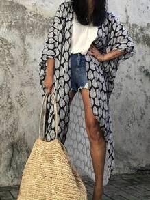 Boho Style Rayon Kimono Dress - Black & White Leaf Print, Vacation Casual, With Belt, V-Neck, Short Sleeve, Lightweight & Fashionable Women Allover Print Belted Wrap Dress With Bow