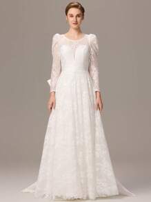 EVER-PRETTY Sexy florales Spitze Rundauschnitt Rücken V Langarm lang Schleppe zarte Brautkleid Hochzeitskleid mit großer Schleife für Outdoor Rasen Hochzeitsfeier