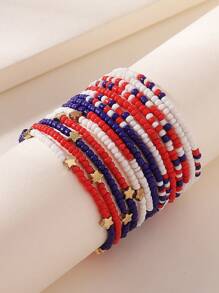 14pcs Bohemian Style Beaded Bracelet Set, Simple & Fashionable, Handmade With Red White Blue Seed Beads & Stars, Elastic Design, Suitable For Women, Perfect Gift For USA Independence Day, Party, Bar, Work, Casual Occasions